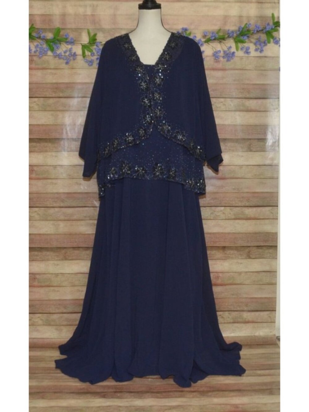 Roaman's Plus Size 30W Mother of the Bride Dress Navy Blue Beaded Gown & Jacket